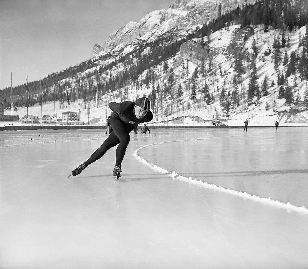 Yevgeny Grishin of Russia winning the 500-meter speed skating event at the 1956 Winter Olympics, Cortina, Italy.