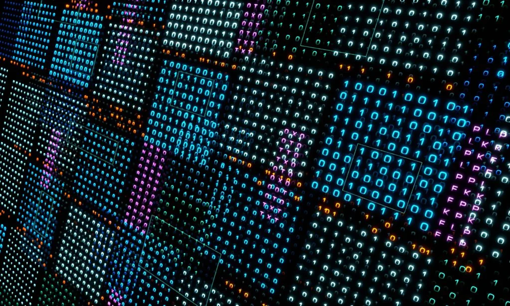 Close up of squares of binary code on a digital plane stacked on top of each other.