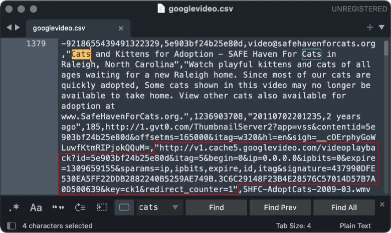 A text editor window showing the contents of a CSV file and the search interface, with the search term 'cat' highlighted and a rectangle around the video URL.