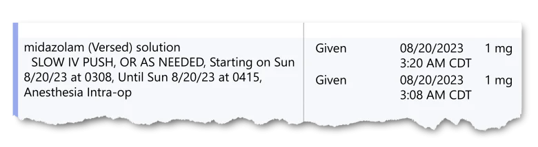 A photo illustration shows a tearsheet of a medical record stating that a patient was administered midazolam.