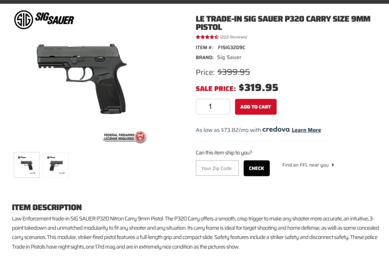 A sale page for an "LE trade-in SIG Sauer P320 carry size 9mm pistol" shows a price of $319.95.