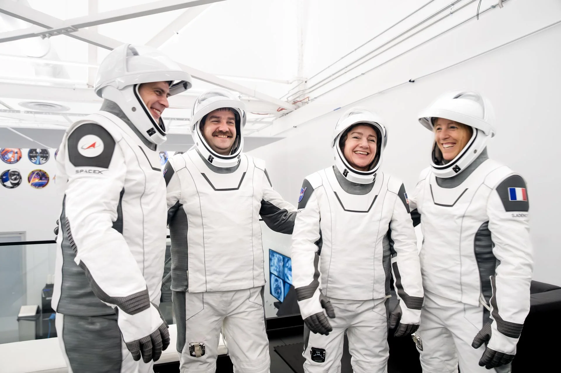 The four members of NASA's SpaceX Crew-12 mission to the International Space Station pose together for a crew portrait in their pressure suits at SpaceX headquarters in Hawthorne, California. From left are, Roscosmos cosmonaut and Mission Specialist Andrey Fedyaev, NASA astronauts Jack Hathaway and Jessica Meir, Pilot and Commander respectively, and ESA (European Space Agency) astronaut and Mission Specialist Sophie Adenot.