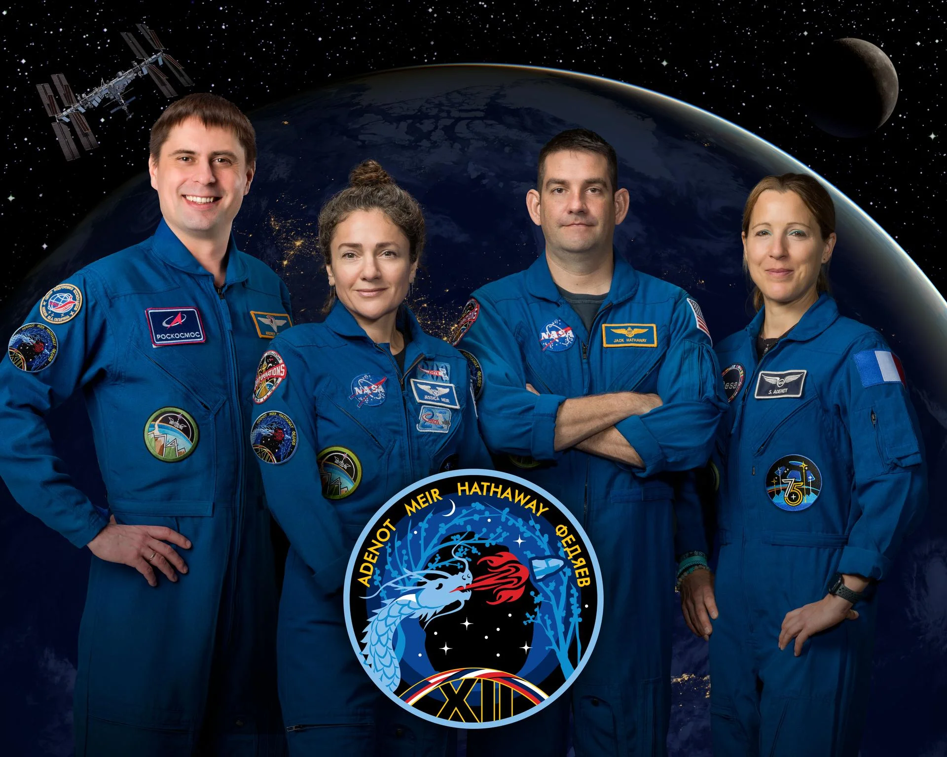The four members of NASA's SpaceX Crew-12 mission to the International Space Station pose together for an official crew portrait. From left are, Roscosmos cosmonaut and Mission Specialist Andrey Fedyaev, NASA astronauts Jessica Meir and Jack Hathaway, Commander and Pilot respectively, and ESA (European Space Agency) astronaut and Mission Specialist Sophie Adenot.